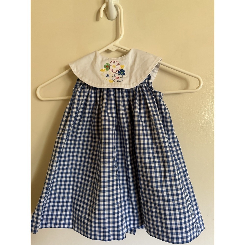 Fast friends 18 Mo Girls Dress Easter Blue Gingham Floral Embroidered Collar